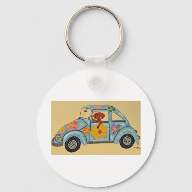 Dachshund in Hippie car  Key Ring (Front)