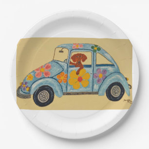 Dachshund in Hippie car Paper Plate
