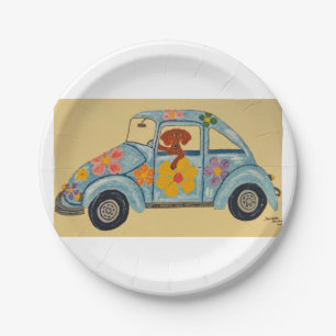 Dachshund in Hippie car Paper Plate