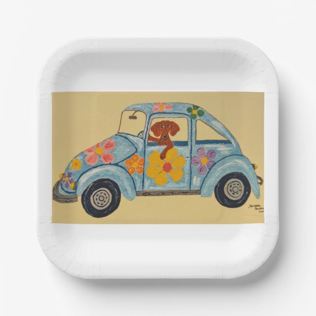 Dachshund in Hippie car  Paper Plate (Front)