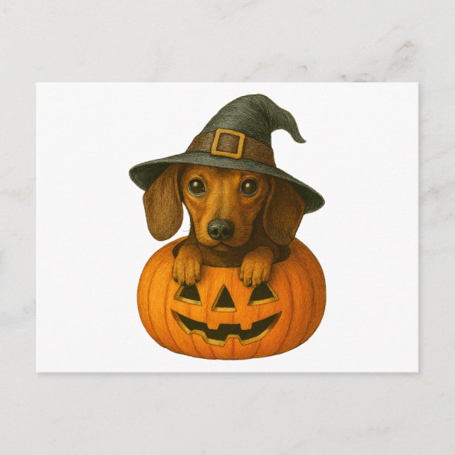 Dachshund in Pumpkin Holiday Postcard (Front)