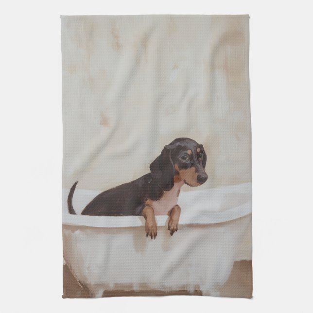 Dachshund in the Bath Tea Towel (Vertical)