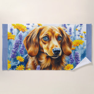 Dachshund in the flower garden art beach towel