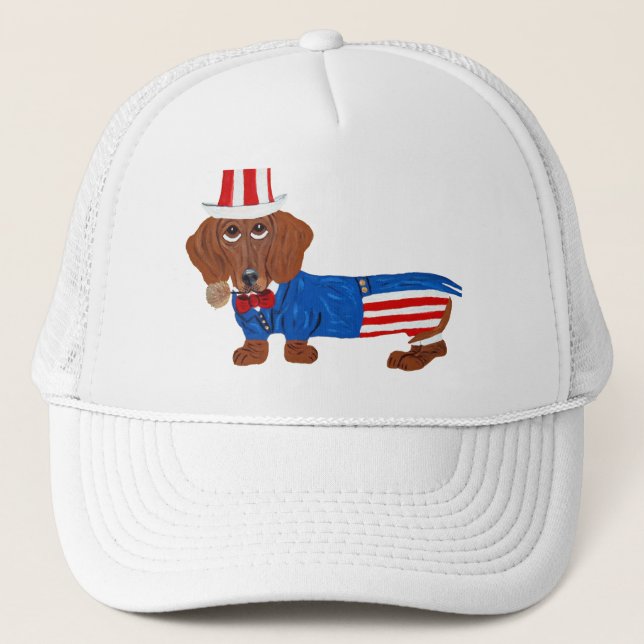 Dachshund In Uncle Sam Suit Trucker Hat (Front)