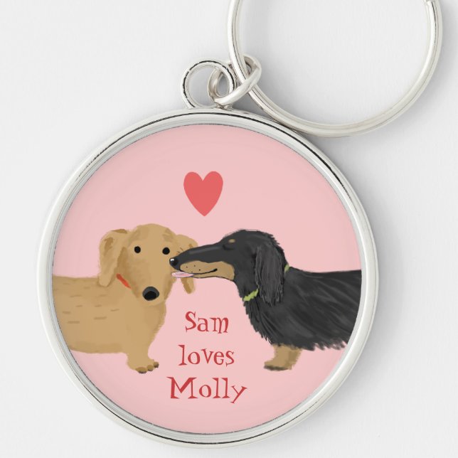 Dachshund Kiss with Custom Text Key Ring (Front)