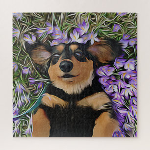 Dachshund Laying In Purple Flowers Jigsaw Puzzle