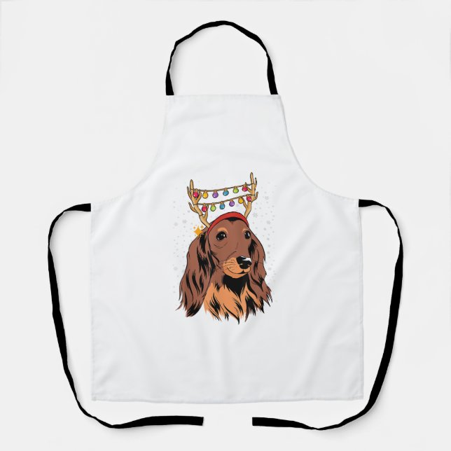 Dachshund Long Hair Reindeer Christmas Tree Lights Apron (Front)