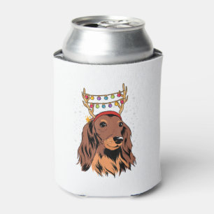 Dachshund Long Hair Reindeer Christmas Tree Lights Can Cooler