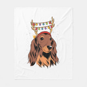 Dachshund Long Hair Reindeer Christmas Tree Lights Fleece Blanket