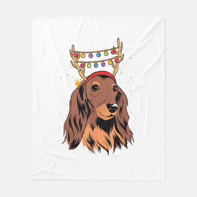 Dachshund Long Hair Reindeer Christmas Tree Lights Fleece Blanket (Front)