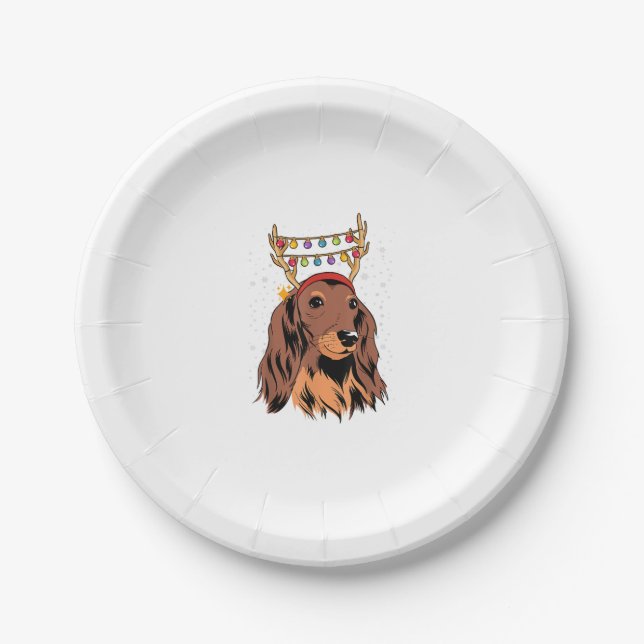 Dachshund Long Hair Reindeer Christmas Tree Lights Paper Plate (Front)