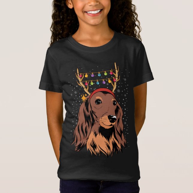 Dachshund Long Hair Reindeer Christmas Tree Lights T-Shirt (Front)