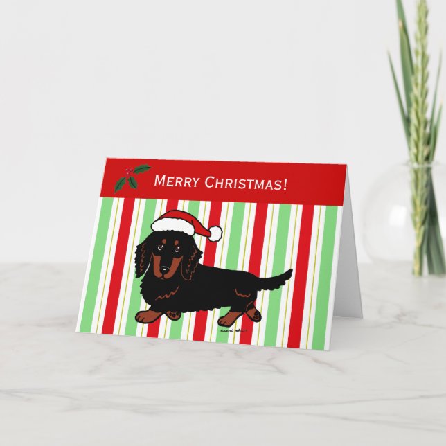 Dachshund Long Haired Black and Tan Holiday Card (Front)