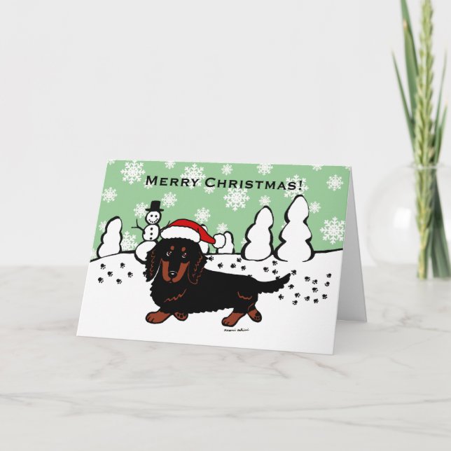 Dachshund Long Haired Black and Tan Holiday Card (Front)