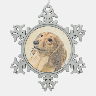 Dachshund (Longhaired) Painting - Original Dog Art Snowflake Pewter Christmas Ornament