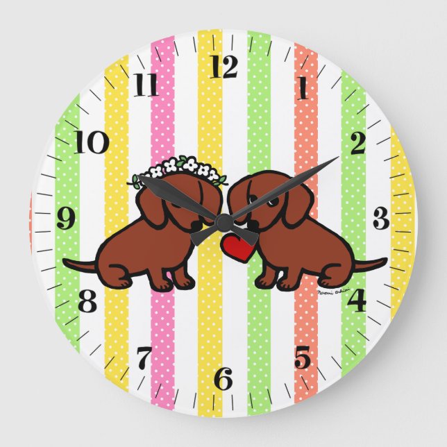 Dachshund Love Couple Cartoon Large Clock (Front)