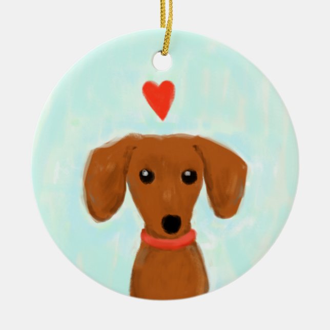 Dachshund Love | Cute Wiener Dog with Heart Ceramic Tree Decoration (Front)