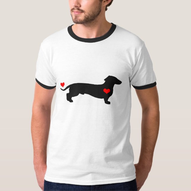 Dachshund Love - male dog with red hearts T-Shirt (Front)