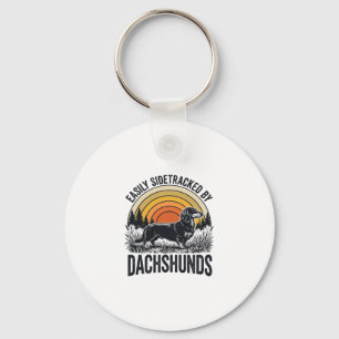 Dachshund Lover Shirt Easily Sidetracked Retro Art Key Ring