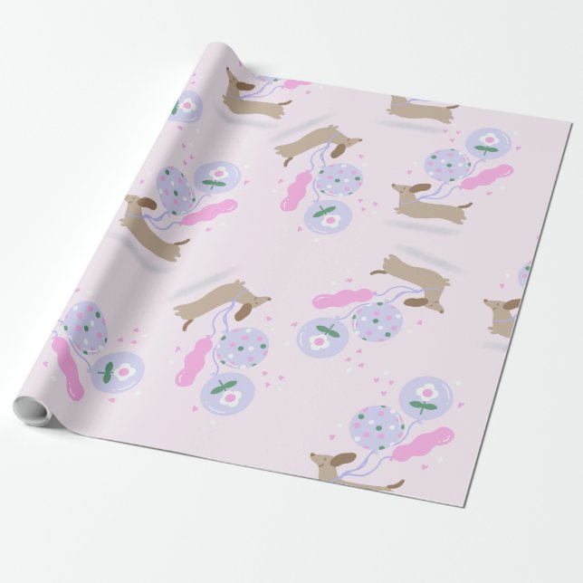 Dachshund Lovers Dog Puppy Birthday balloons Wrapping Paper (Unrolled)