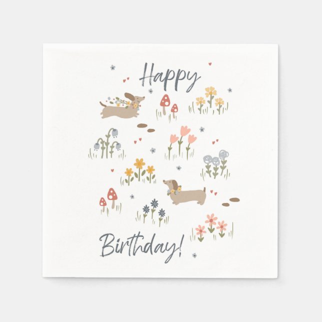 Dachshund Lovers Happy Birthday Floral Party Napkin (Front)