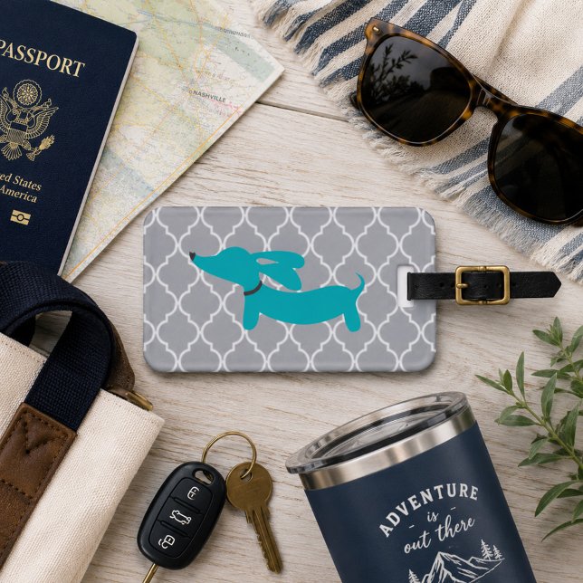 Dachshund Luggage Bag Tag Blue & Grey (Wiener dog luggage tag blue and gray)