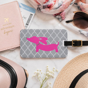 Dachshund Luggage Bag Tag Pink & Grey