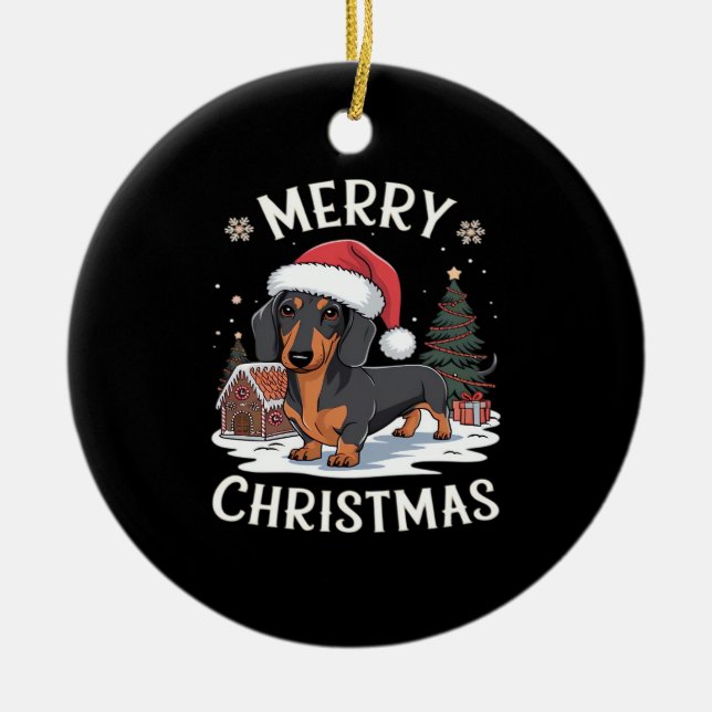Dachshund Merry Christmas Classic T-Shirt Ceramic Tree Decoration (Front)