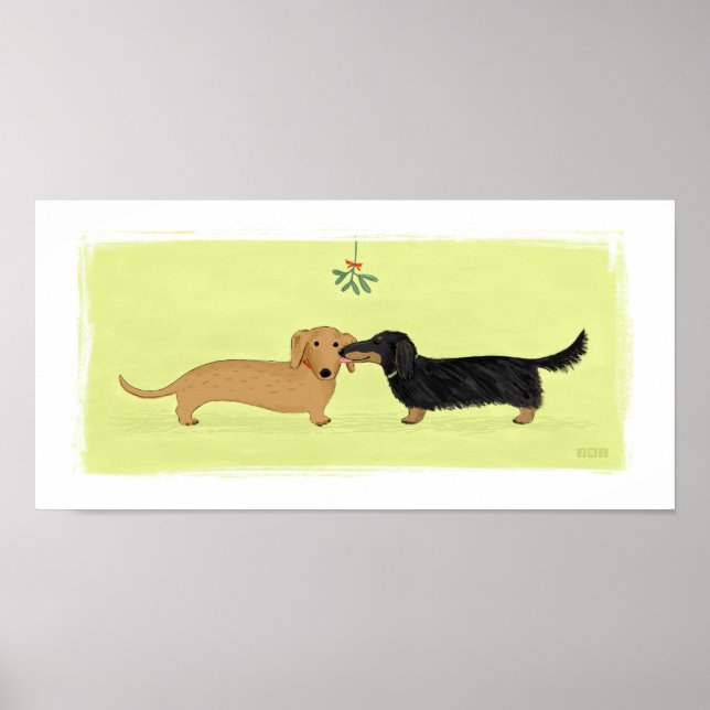 Dachshund Mistletoe Kiss - Wiener Dog Christmas Poster (Front)