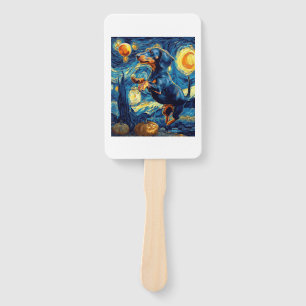 Dachshund of van gogh starry night halloween Funny Hand Fan