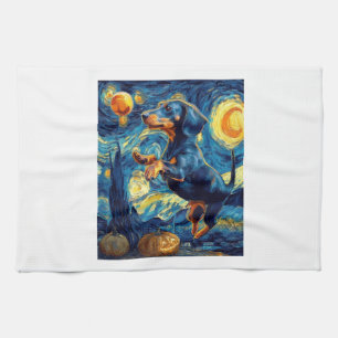 Dachshund of van gogh starry night halloween Funny Tea Towel
