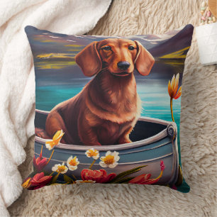 Dachshund on a Paddle: A Scenic Adventure  Cushion