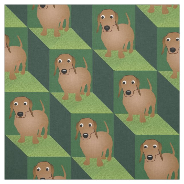 Dachshund on Green Cubes Fabric (Swatch)