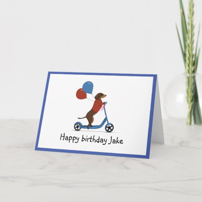 Dachshund on scooter with balloons card (Front)