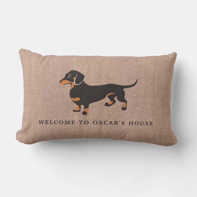 Dachshund Owns The House Funny Burlap Lumbar Cushion (Front)
