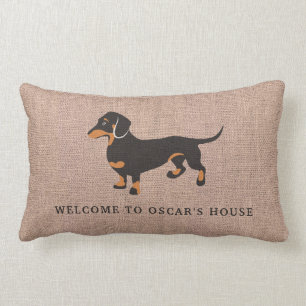 Dachshund Owns The House Funny Burlap Lumbar Cushion