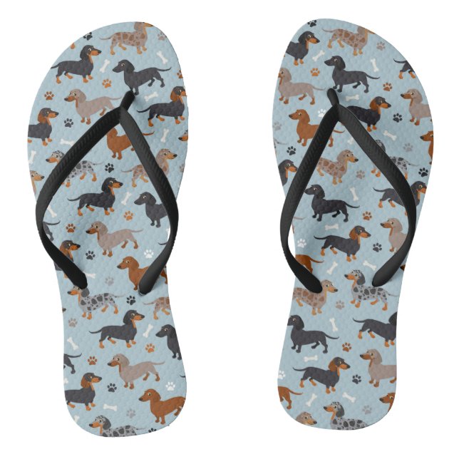 Dachshund Paws and Bones Pattern Blue Jandals (Footbed)