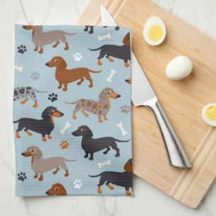 Dachshund Paws and Bones Pattern Blue Tea Towel