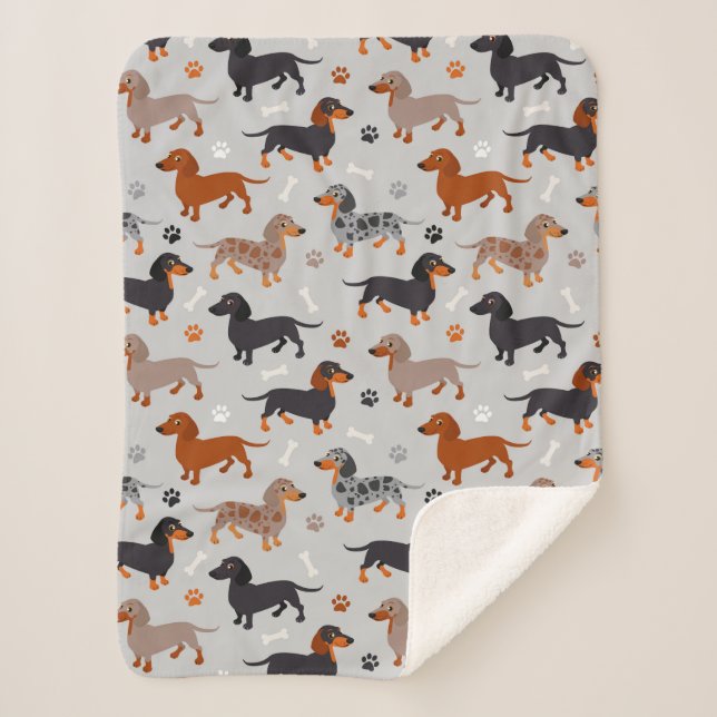 Dachshund Paws and Bones Pattern Gray Sherpa Blanket (Front)