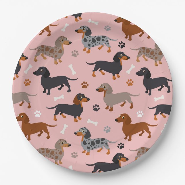 Dachshund Paws and Bones Pattern Pink Paper Plate (Front)