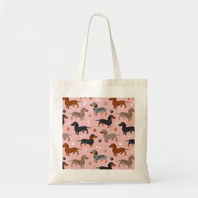 Dachshund Paws and Bones Pattern Pink Tote Bag (Front)