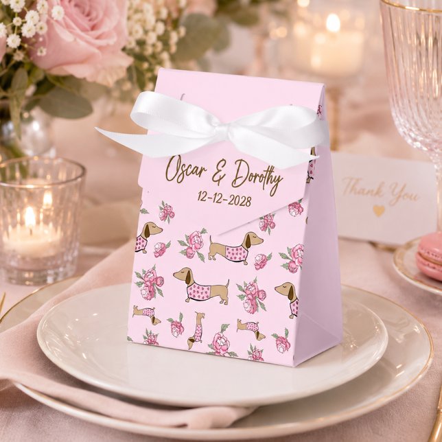 Dachshund & Peonies Custom Floral Pink Wedding  Favour Box (Personalized Dachshund & Peonies Floral Pink Wedding Favor Boxes)