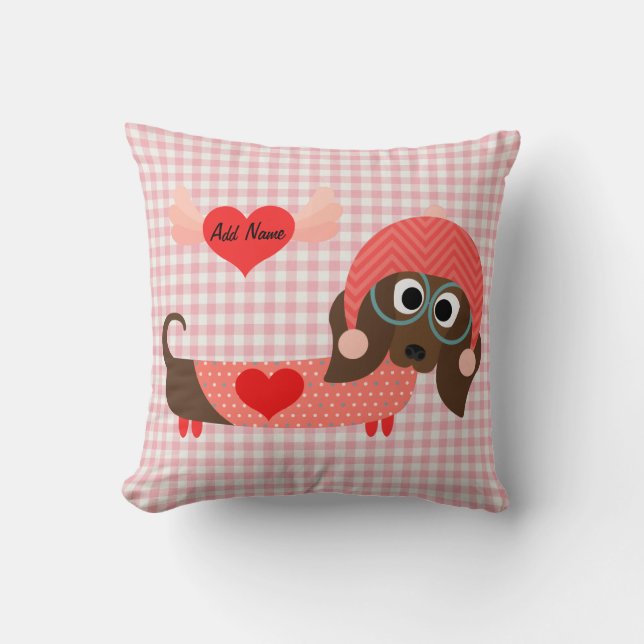 Dachshund Pink Gingham Valentine Pillow (Front)