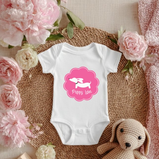 Dachshund Pink Girlie Puppy Love  Baby Bodysuit (Puppy love baby outfit dachshund@3x)