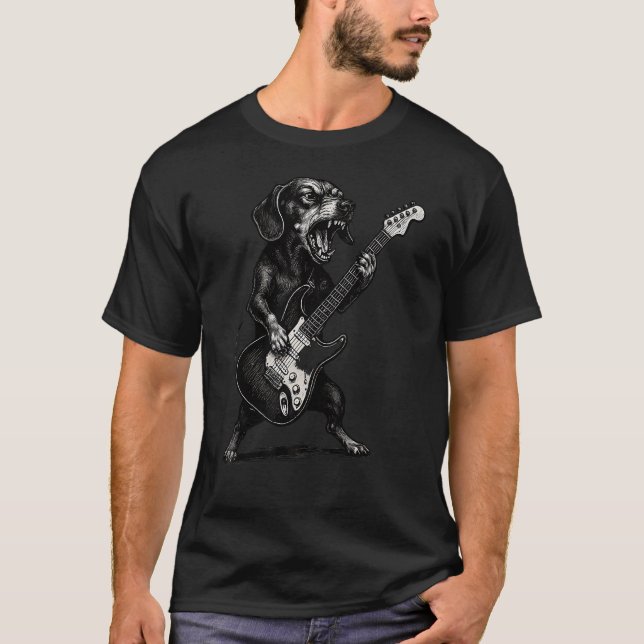 Dachshund Playing Electric Guitar T-Shirt (Front)