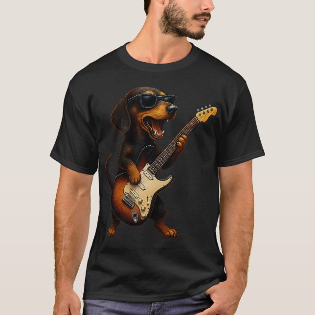 Dachshund Playing Guitar Rock Music Dog Lover Pet  T-Shirt (Front)