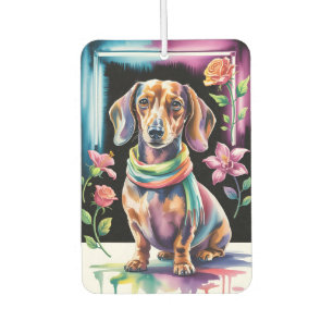 Dachshund Portrait in Neon Light and Floral Frame Car Air Freshener