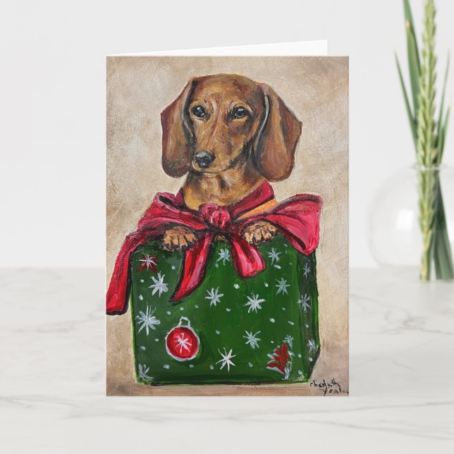 Dachshund Present Dog Art Christmas Greeting Card (Front)