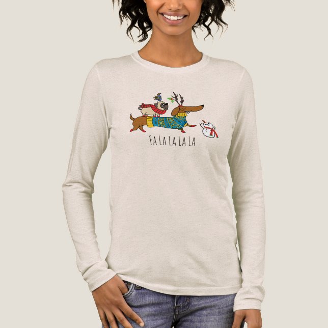 Dachshund, Pug & Bird Holiday T-Shirt Tri-Blend Shirt (Front)