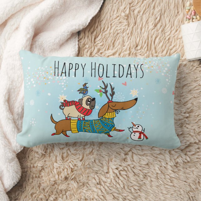 Dachshund, Pug & Bird Holiday Throw Pillow (Blanket)